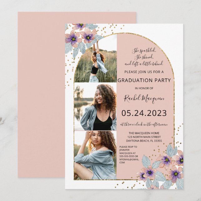 Pink Flowers Glitter Confetti Photo Graduation Invitation