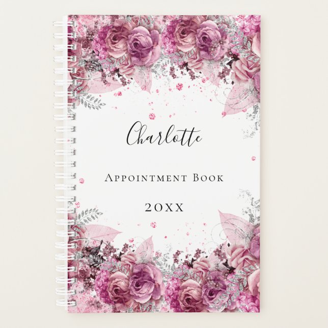 Pink flowers glitter name white elegant planner (Front)