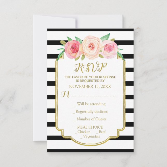 Pink Flowers Gold Black White Stripes Wedding RSVP Card (Front)