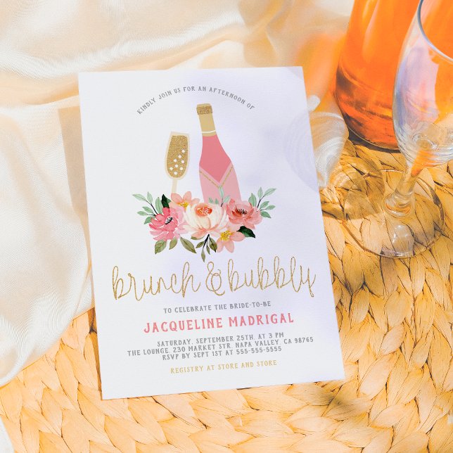 Pink Flowers & Gold Brunch & Bubbly Bridal Shower Invitation (Creator Uploaded)
