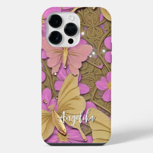 Pink Flowers, Gold Butterflies, and Your Name iPhone 14 Pro Max Case