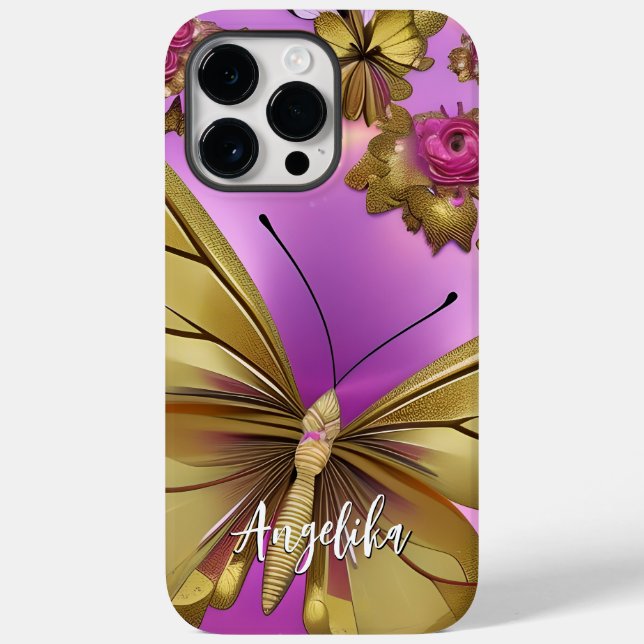 Pink Flowers Gold Butterflies Personalized Name Case-Mate iPhone Case (Back)