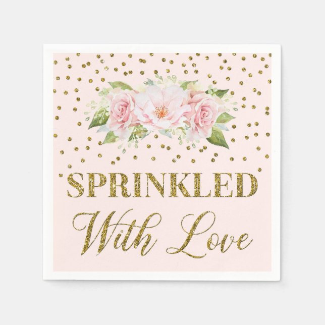 Pink Flowers Gold Confetti Sprinkled with Love Napkin (Front)