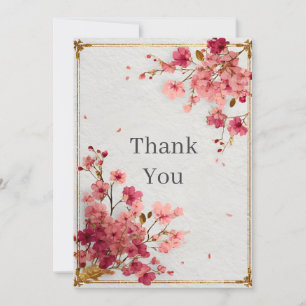 Pink Flowers Gold Faux Texture Thank You Card