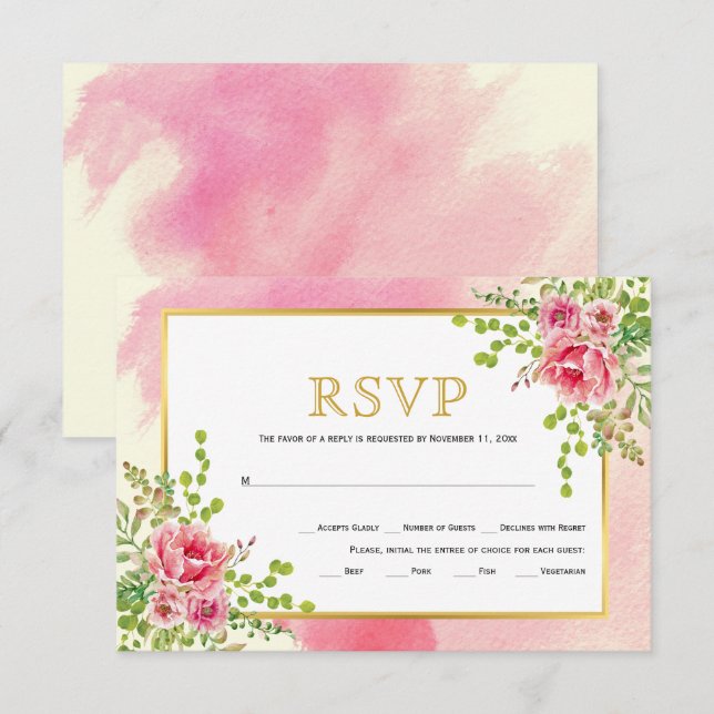 Pink flowers gold frame floral boho wedding RSVP card (Front/Back)