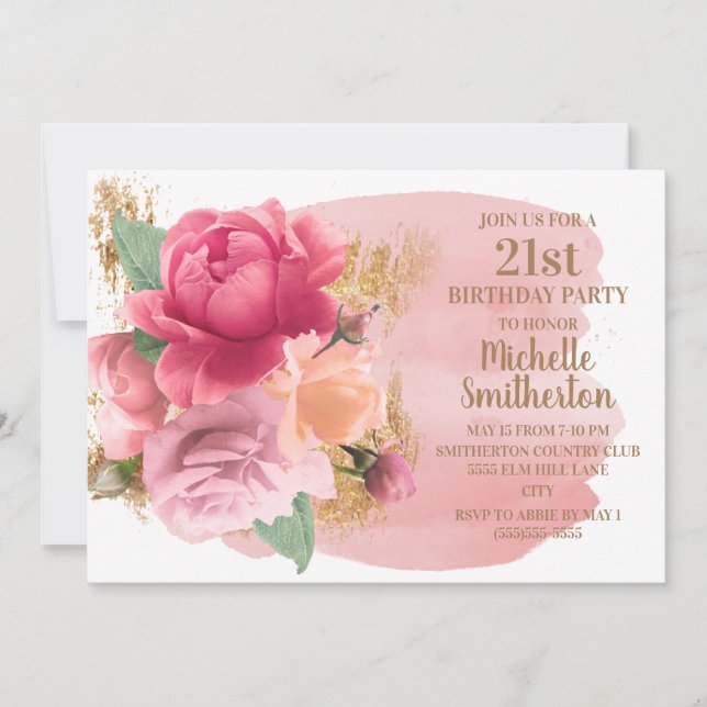Pink Flowers Gold Glitter 21st Birthday Party Invitation (Front)