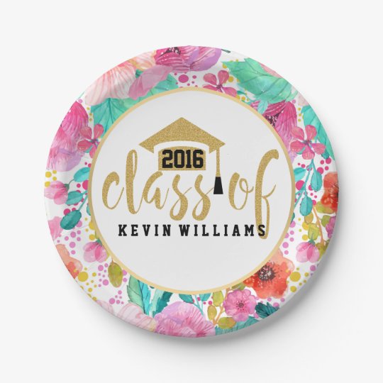 Pink Flowers & Gold Glitter Text Class of 2016 7 Inch Paper Plate