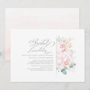 Pink Flowers Gold Greenery Bridal Shower Luncheon Invitation