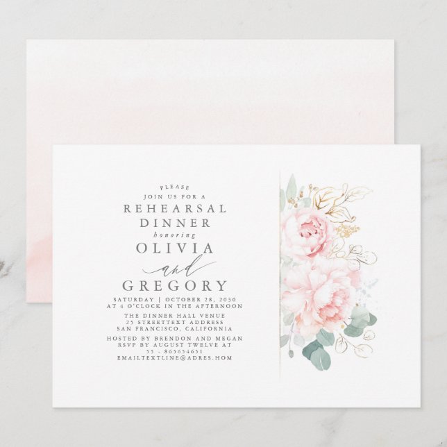Pink Flowers Gold Leaves Elegant Rehearsal Dinner Invitation (Front/Back)