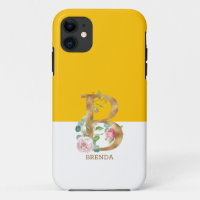 Pink flowers gold monogram letter B