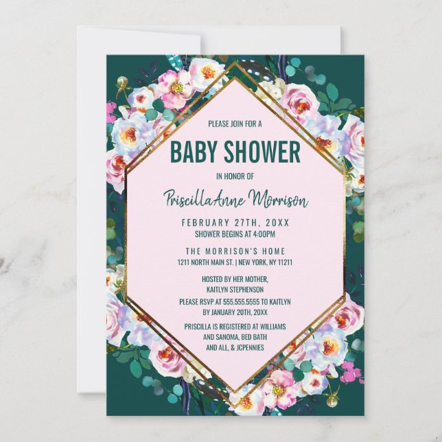 Pink Flowers Gold Trim Emerald Jade Baby Shower Invitation (Front)