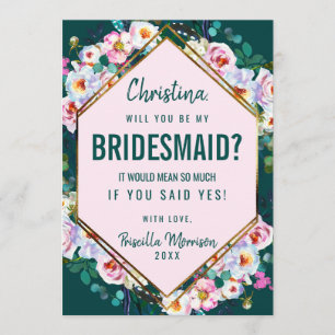 Pink Flowers Gold Trim Emerald Jade Bridesmaid Invitation