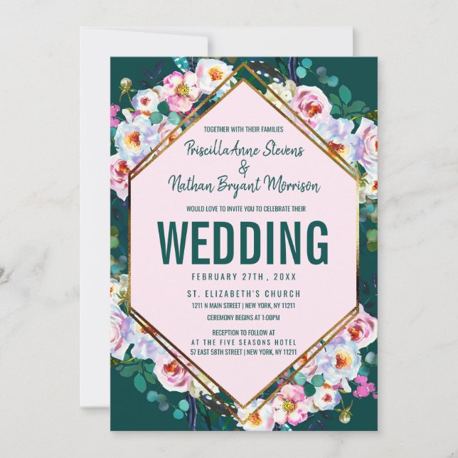 Pink Flowers Gold Trim Emerald Jade Wedding Invitation (Front)
