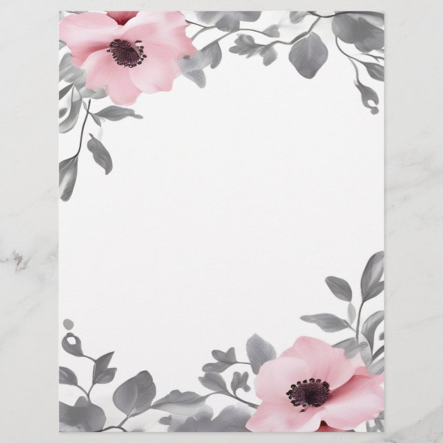 Pink Flowers Gray Accents Stationery Paper (Front)