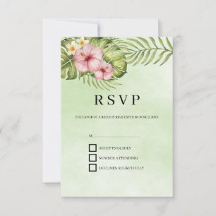 Pink Flowers Green Background RSVP Card