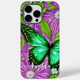 Pink Flowers Green Butterfly   Personalized Name Case-Mate iPhone 14 Pro Max Case