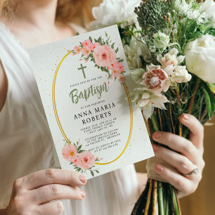 Pink Flowers Green Girl Baptism  Invitation