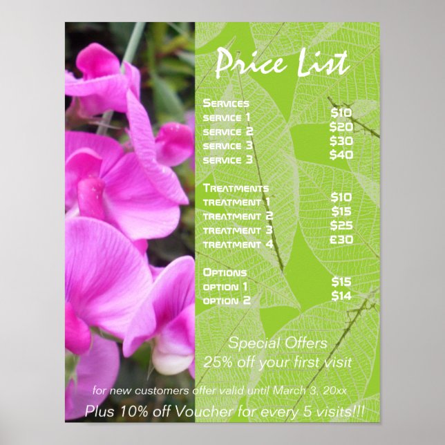 Pink flowers green holistic health price list poster (Front)