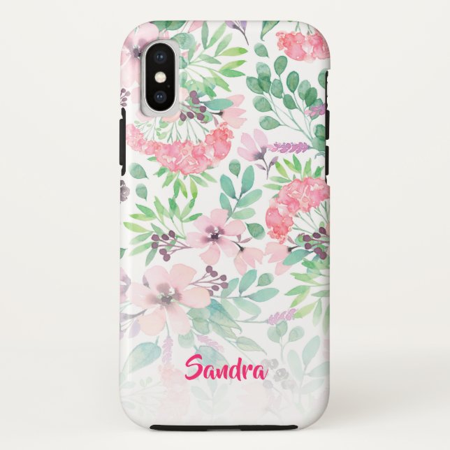 Pink Flowers Green Leafs Pattern Monogram Case-Mate iPhone Case (Back)