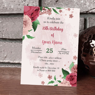 pink flowers green leaves botanical birthday invitation