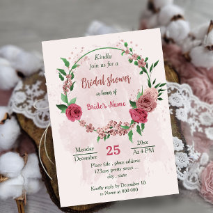 pink flowers green leaves botanical bridal shower invitation