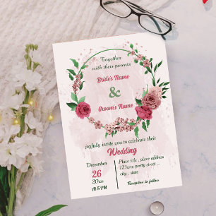 pink flowers green leaves botanical wedding invitation