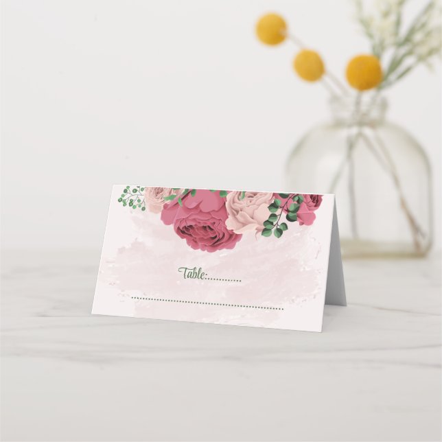 pink flowers green leaves botanical wedding place card (Front)