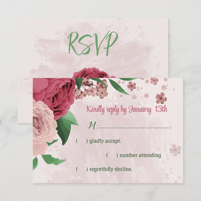 pink flowers green leaves botanical wedding RSVP card (Front/Back)