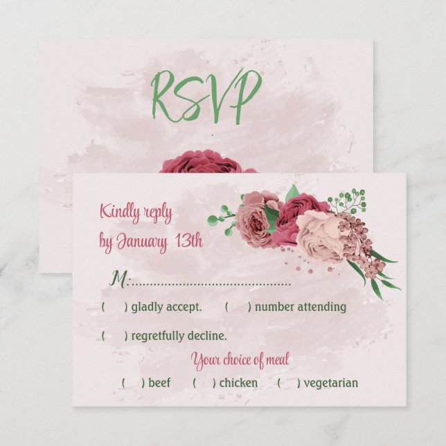 pink flowers green leaves botanical wedding RSVP card