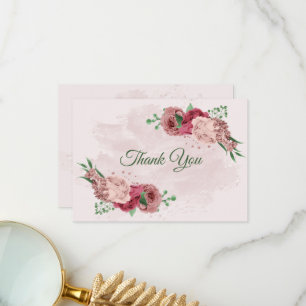 pink flowers green leaves botanical wedding thank you card