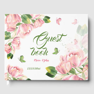 pink flowers green leaves butterflies guest book