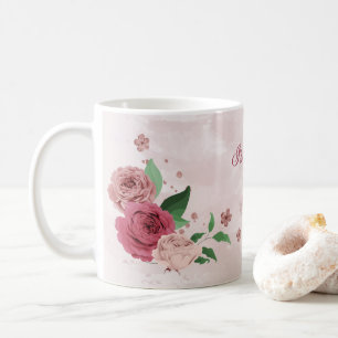 pink flowers green leaves coffee mug
