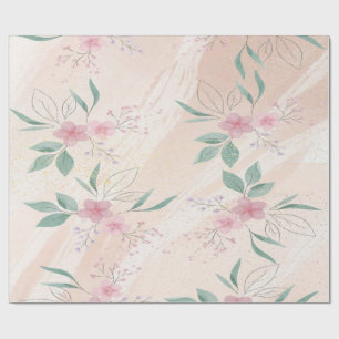 Pink Flowers & green leaves   Modern floral art  Wrapping Paper
