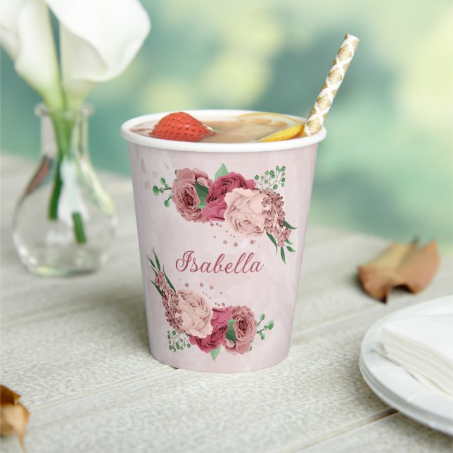 pink flowers green leaves  paper cups (Insitu)