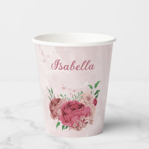 pink flowers green leaves  paper cups