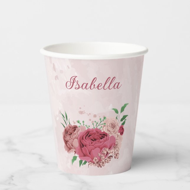 pink flowers green leaves  paper cups (Front)