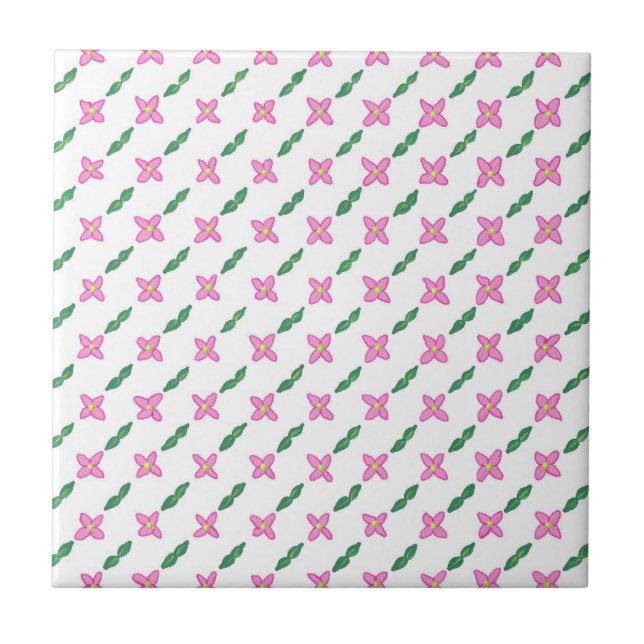 Pink Flowers Green Leaves Pattern Tile Trivet (Front)