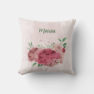 pink flowers green leaves  throw pillow
