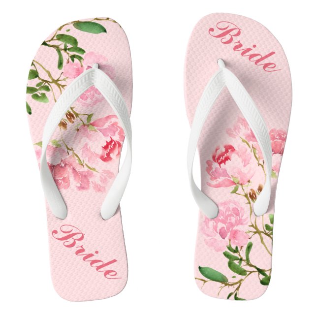 Pink Flowers Green Leaves Watercolor Bride Flip Flops (Footbed)
