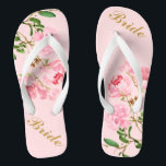 Pink Flowers Green Leaves Watercolor Golden Bride Flip Flops<br><div class="desc">Pink Flowers Green Leaves Watercolor Golden Script Bride Flip Flops ♥ Customize it with your wording by using the template fields. ♥ If you want to change the font style, colour or text placement, simply click the "Customize Further" button. ♥ If you need assistance or have any special request, please...</div>