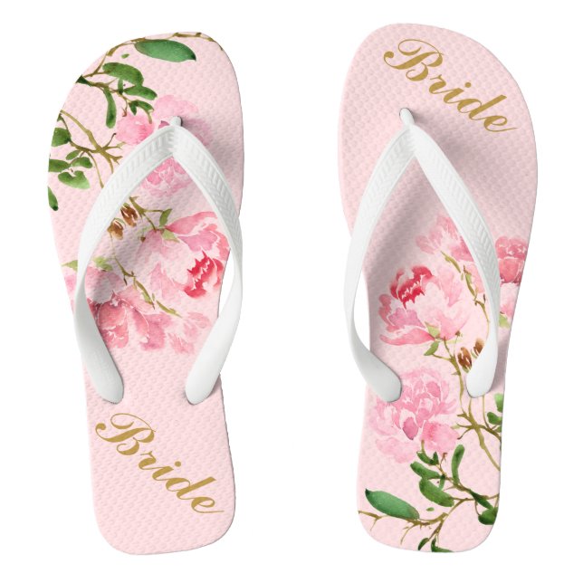 Pink Flowers Green Leaves Watercolor Golden Bride Flip Flops (Footbed)