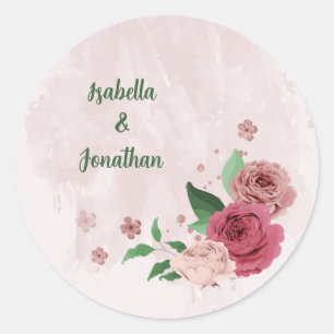 pink flowers green leaves wedding classic round sticker