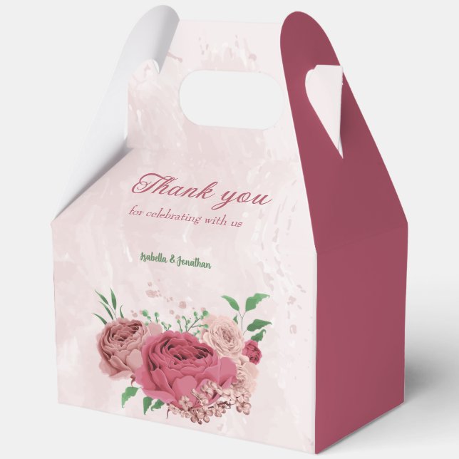 pink flowers green leaves wedding  favor box (Front)