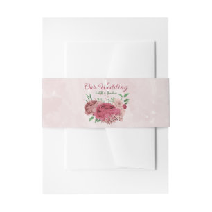 pink flowers green leaves wedding invitation belly band