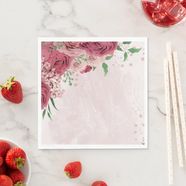 pink flowers green leaves wedding napkin (Insitu)