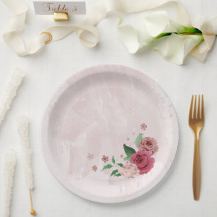pink flowers green leaves wedding paper plate