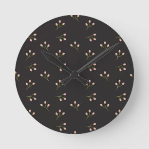 Pink Flowers Green Stem Black Floral Spring Round Clock