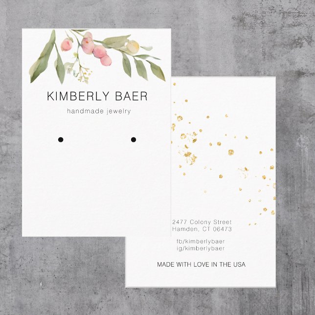 Pink Flowers Greenery Gold White Earring Display Business Card (Creator Uploaded)
