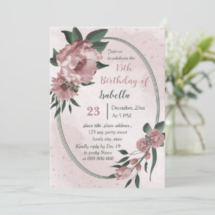 pink flowers greenery wreath birthday invitation