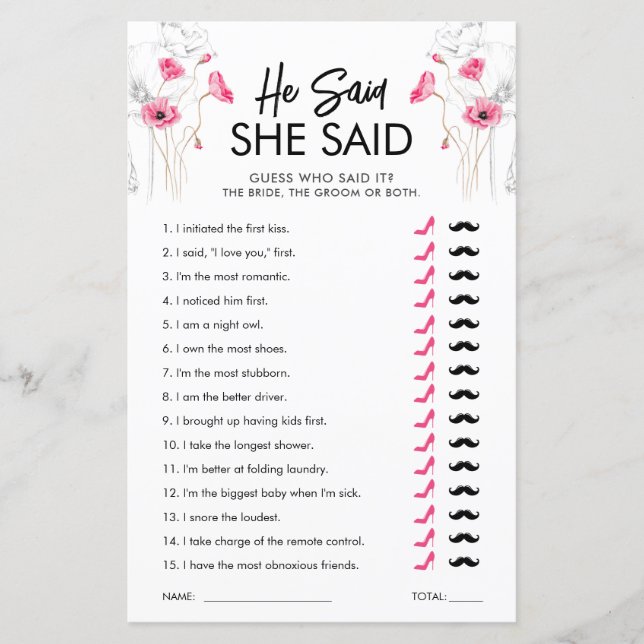 Pink Flowers He Said She Said Game | Customizable (Front)